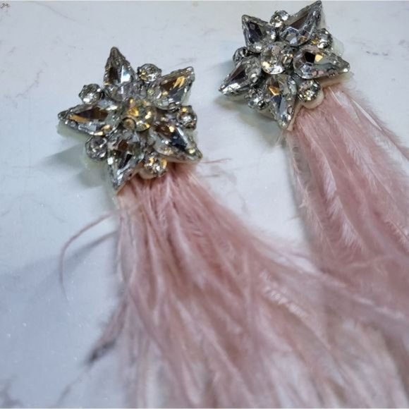 Handmade statement?earrings crystals and feather gray and pink - Picture 4 of 5